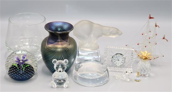 Sevres glass polar bear, Okra iridescent vase, 3 Swarovski ornaments and five other glass items